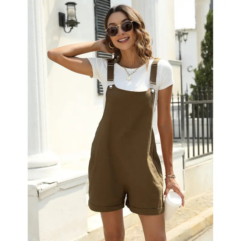 Women's Cotton-Linen Cropped Overalls with Pockets