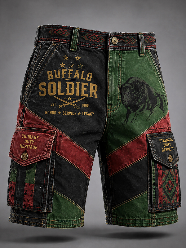 Men's Buffalo Soldier Color-Blocked Print Casual Shorts