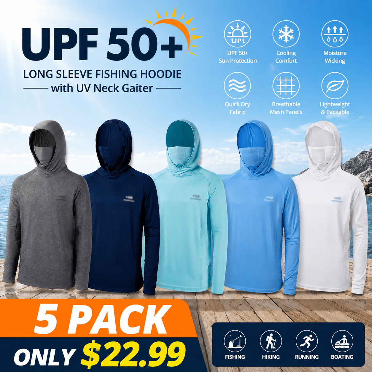Men’s UPF 50+ Long Sleeve Fishing Hoodie with UV Neck Gaiter
