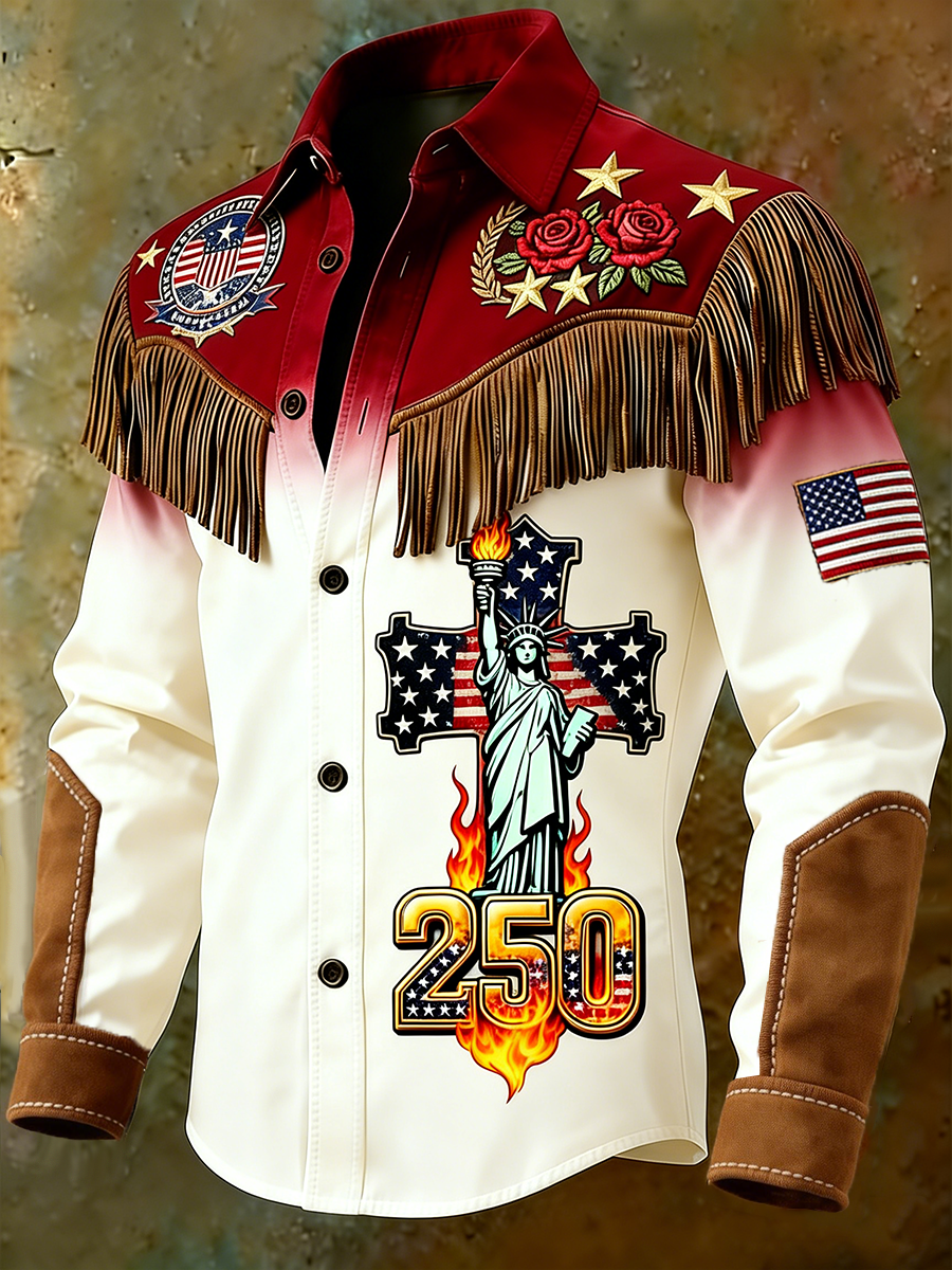Statue of Liberty Cross & Flame 250th Anniversary Gradient Fringe Shirt