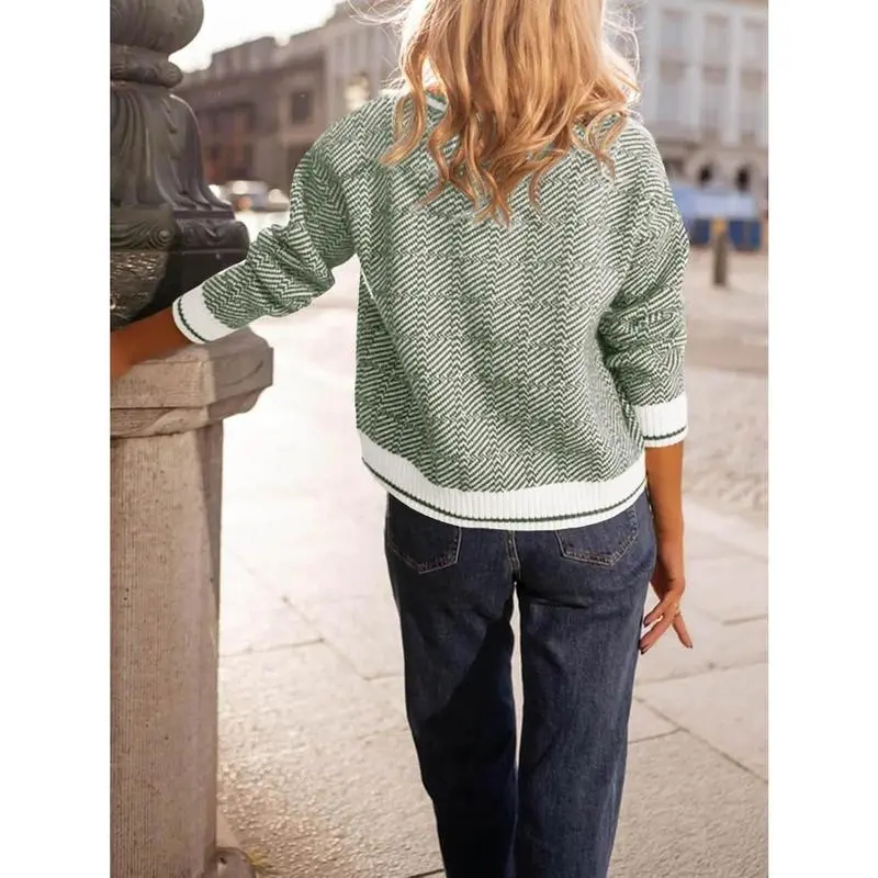 Womens V Neck Knit Sweater Color Block Long Sleeve