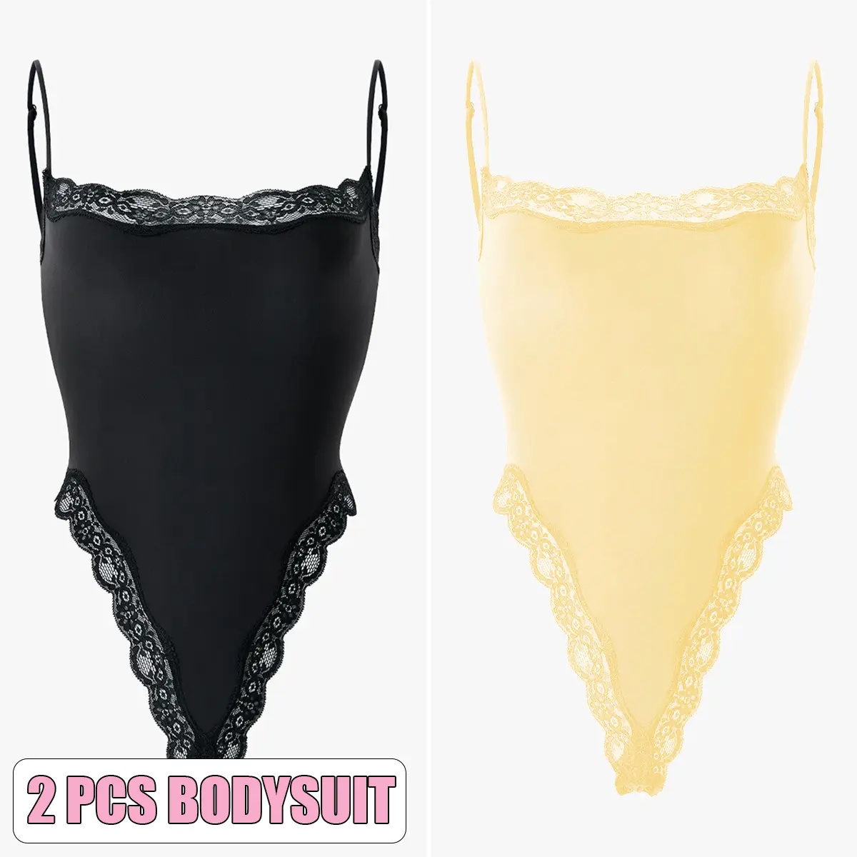 KatchMe Lace Series Women's Simple Style Spaghetti Strap Lace Trim Breathable Bodysuit