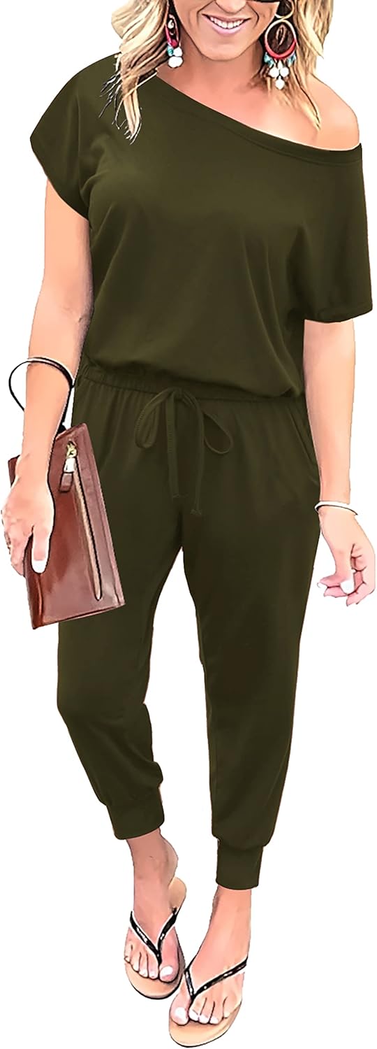 Summer Jumpsuit Rompers Off Shoulder for Women with Pockets Casual Elastic Waist