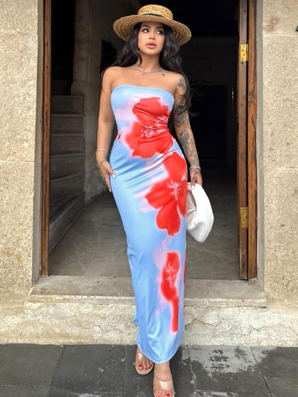 Contrast Print Bodycon Tube Dress With Slits