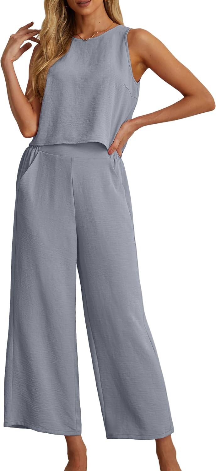 Women's Summer 2 Piece Outfits Set Round neck Sleeveless Tank Crop Top Wide Leg pants Set Pockets Jumpsuits