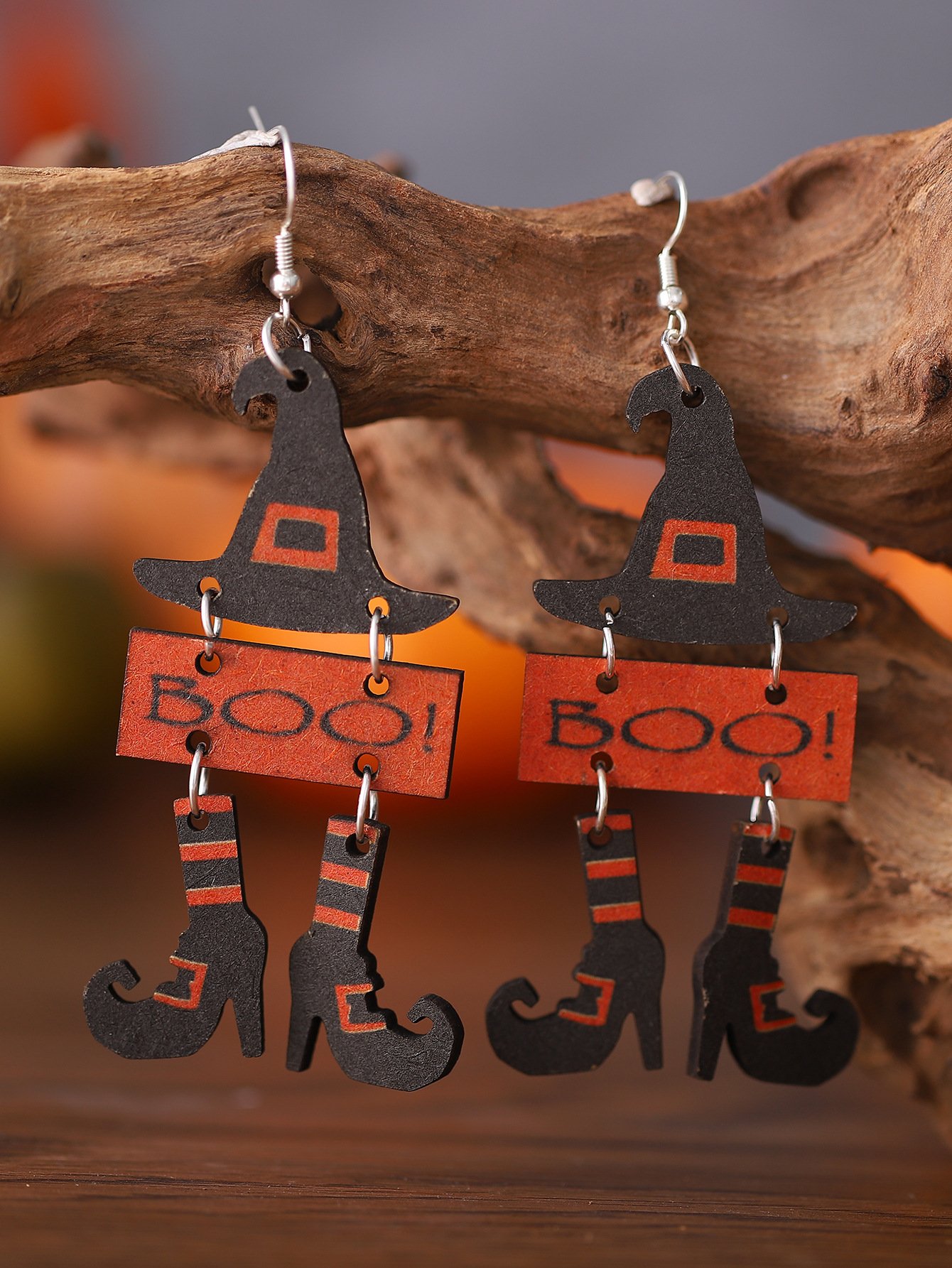 Women's Halloween Witch Boots Wood Earrings