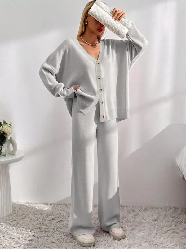 Women's  V Neck Cardigan & Elastic Waist Wide Leg Pants Two-piece Set