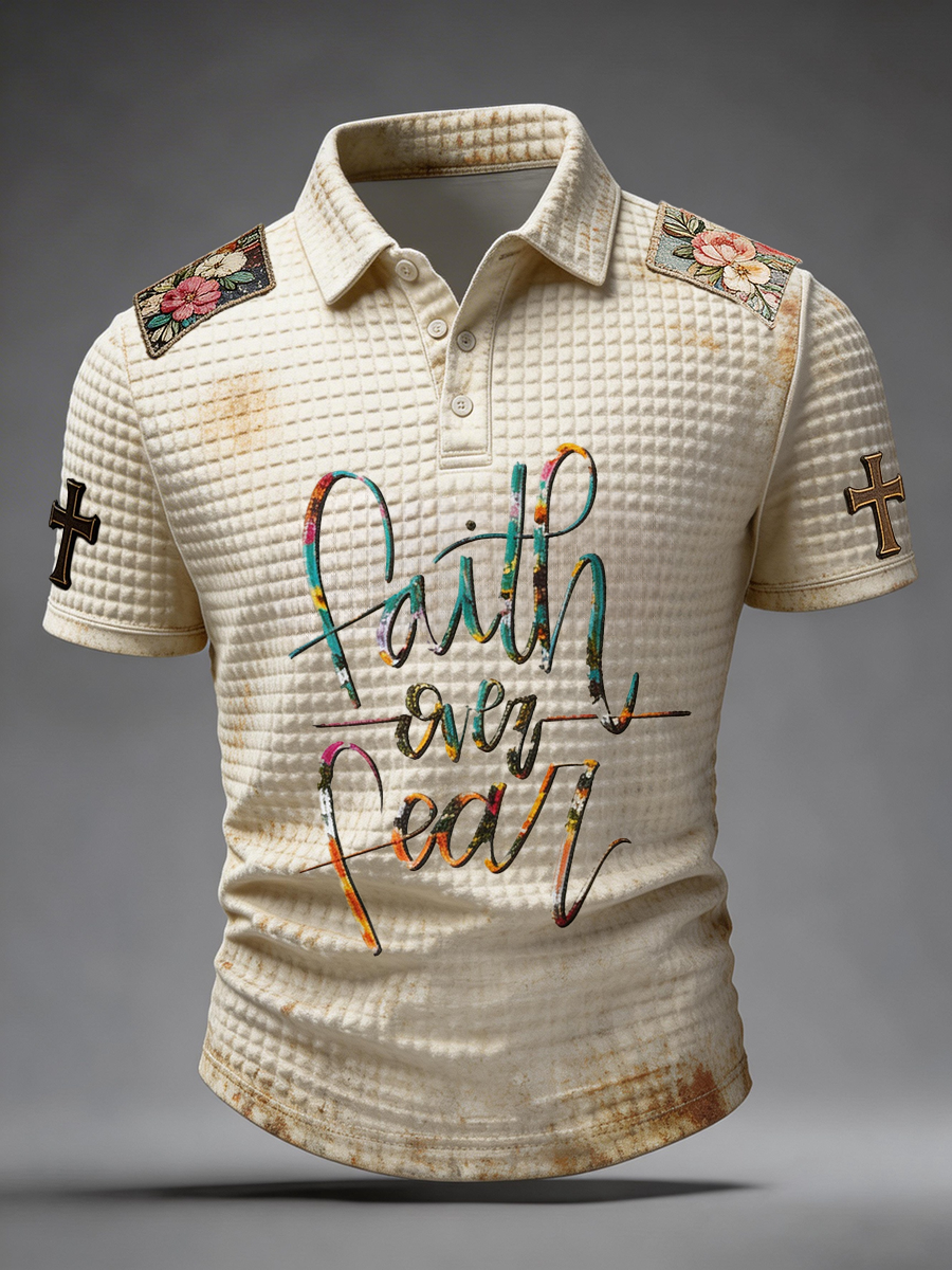 Faith Over Fear Floral Patch Waffle Knit Polo Shirt