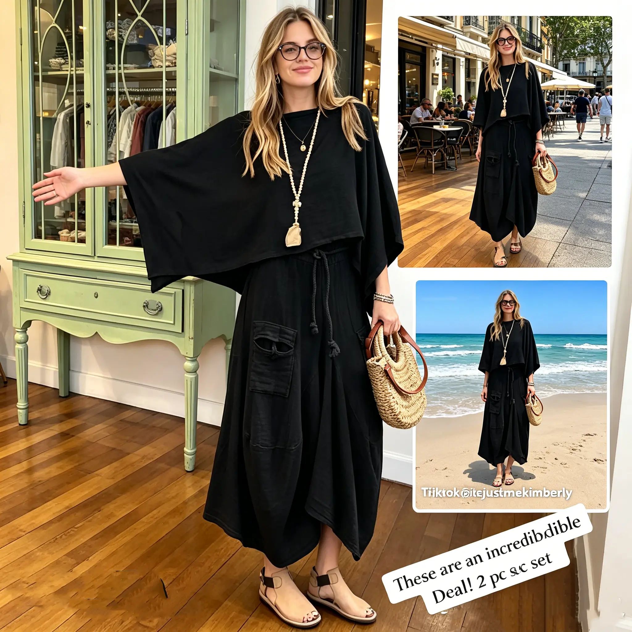 Women’s 2-Piece Loose Vintage-Style Batwing Sleeve Skirt Set