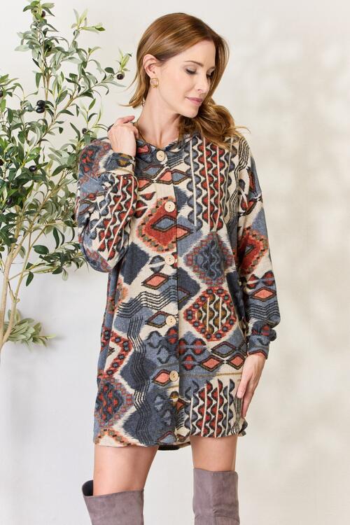 Full Size Printed Button Up Hooded Jacket