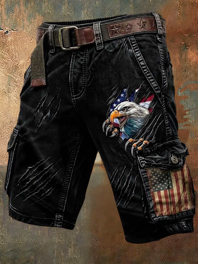 Men'S Retro American Flag Independence Day Multi Pocket Printed Workwear Shorts (Without Belt)