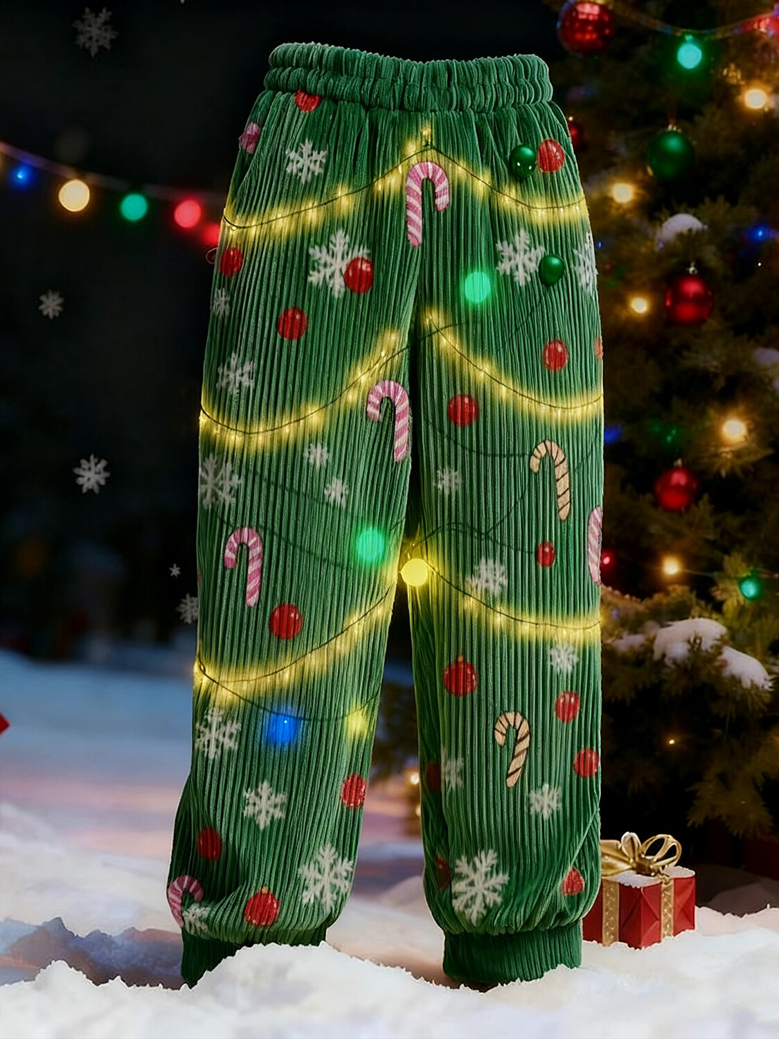 Men's Christmas Lights Candy Cane Print Corduroy Jogger Pants