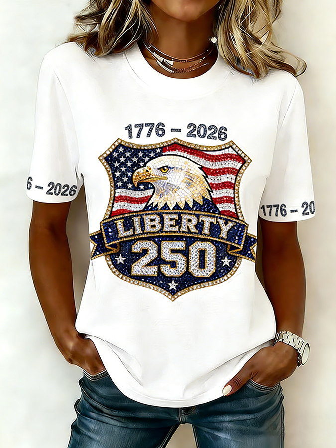 Ladies' Casual American Celebration Brick Lined Round Neck Short Sleeved T-Shirt