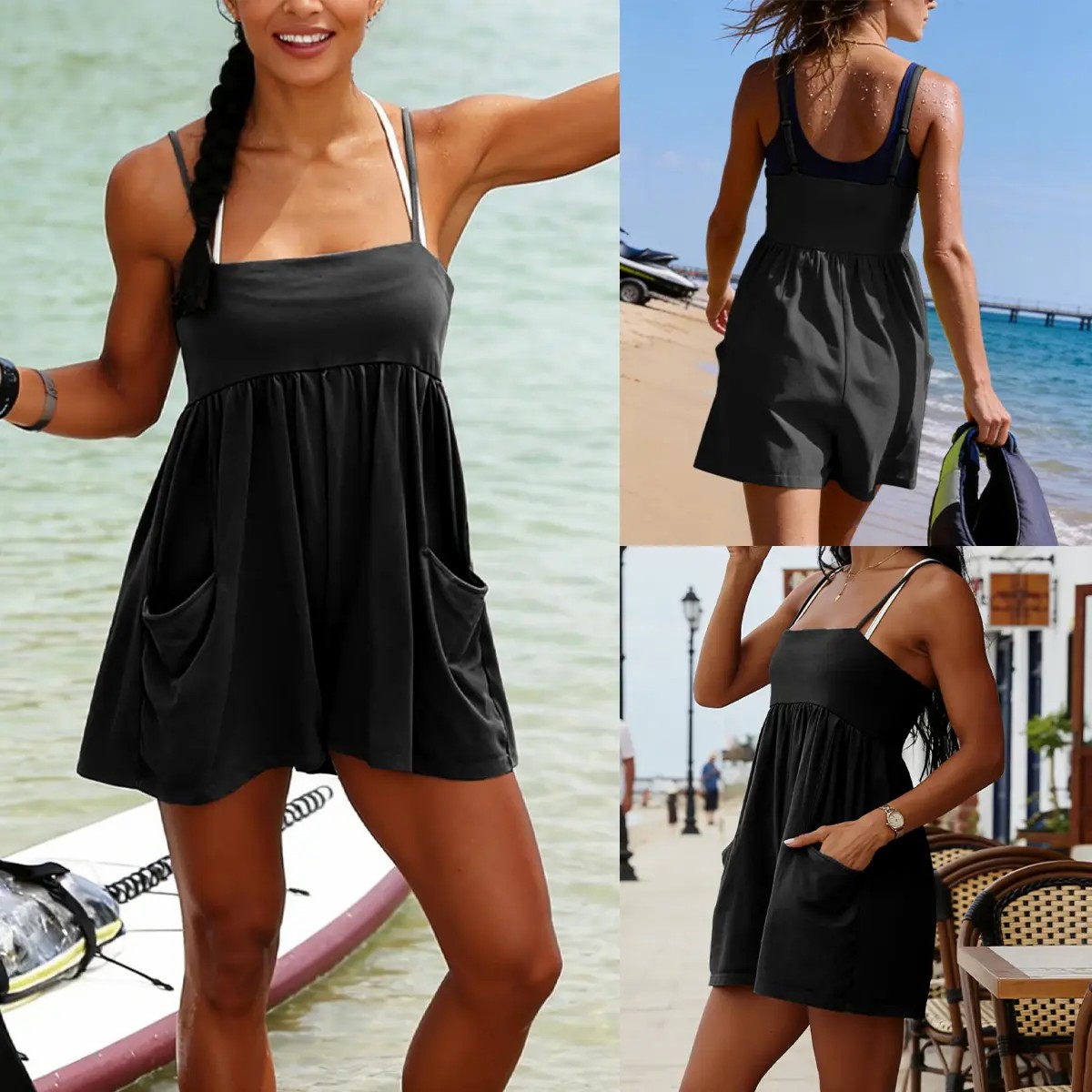 Women's Square Neck Backless Romper – Oversized Cotton Jumpsuit with Pockets & Adjustable Straps