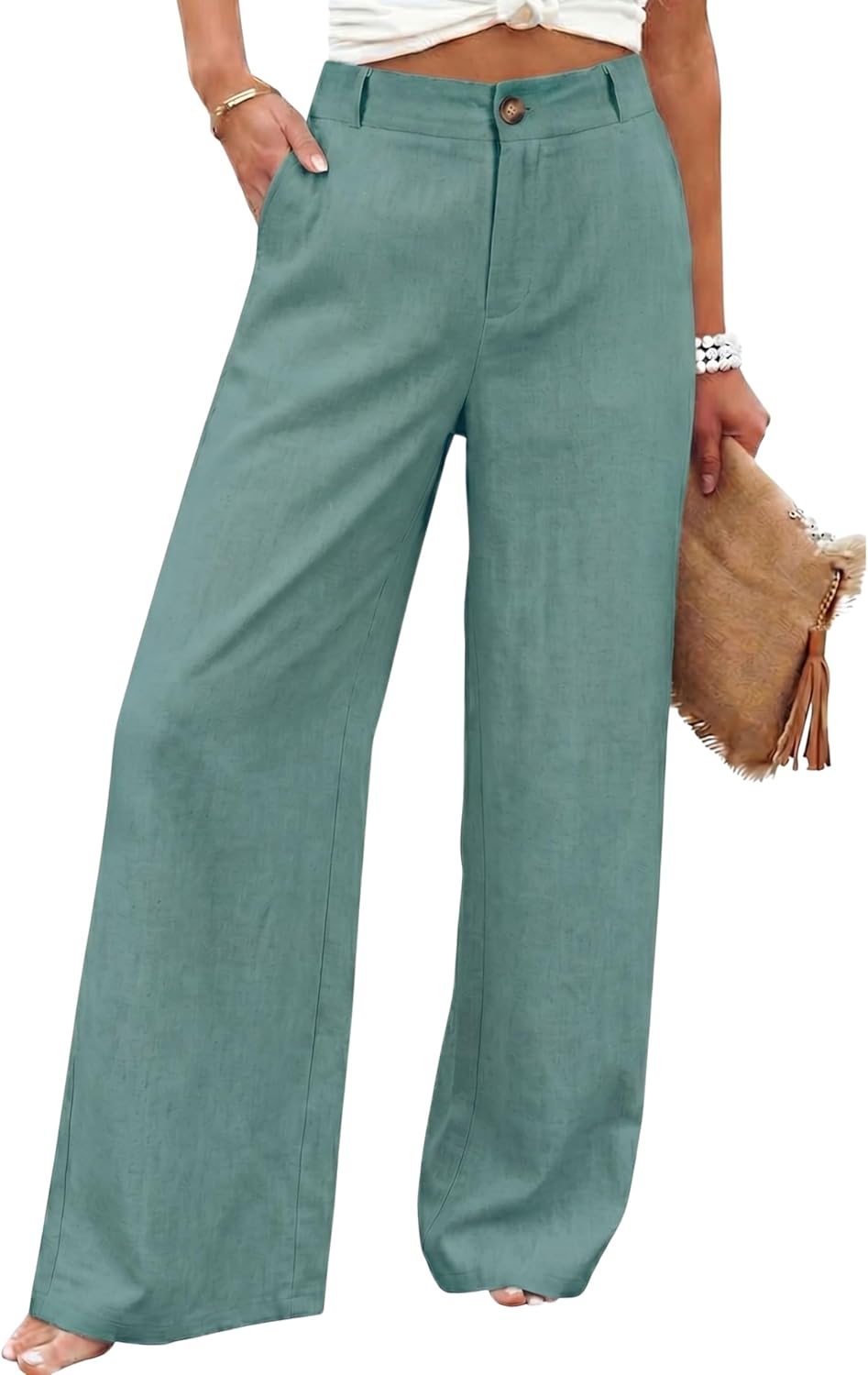 Womens Cotton Linen Pants Casual Button Up High Waisted Wide Leg Trousers