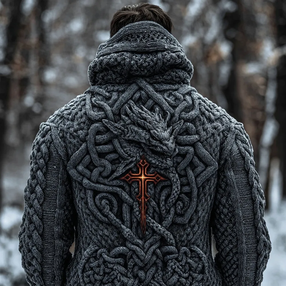 Men's Vintage Viking Celtic Dragon Chunky Hooded Sweater