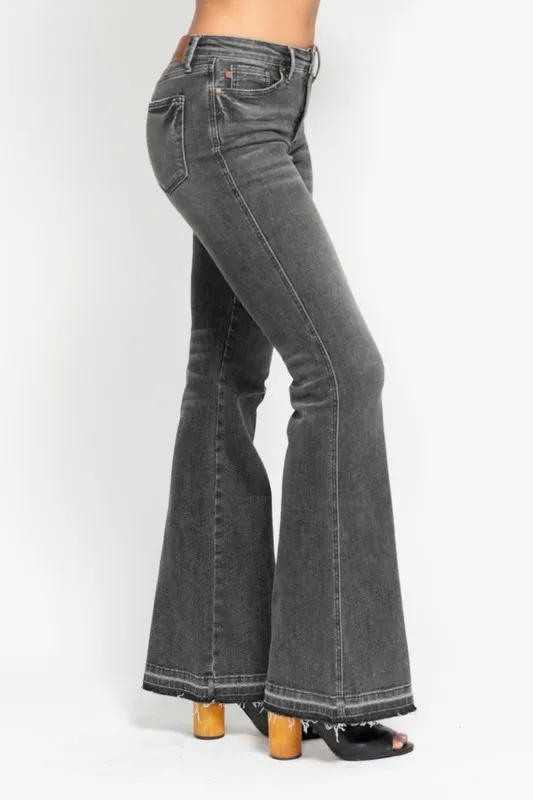 Blue Full Size Midi Rise Tummy Control Washed Gray Release Hem Flare Jeans Plus Size