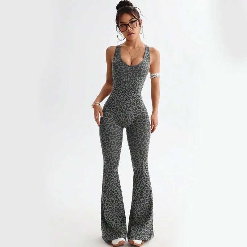 Women's Leopard Print Flared Workout Bodysuit