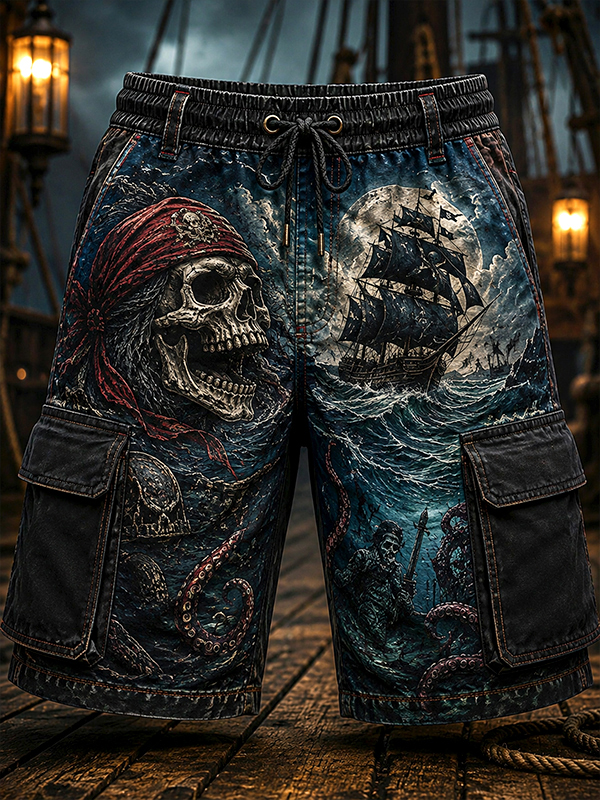 Men's Skeleton Pirates Dark Ocean Art Print Drawstring Waist Casual Shorts
