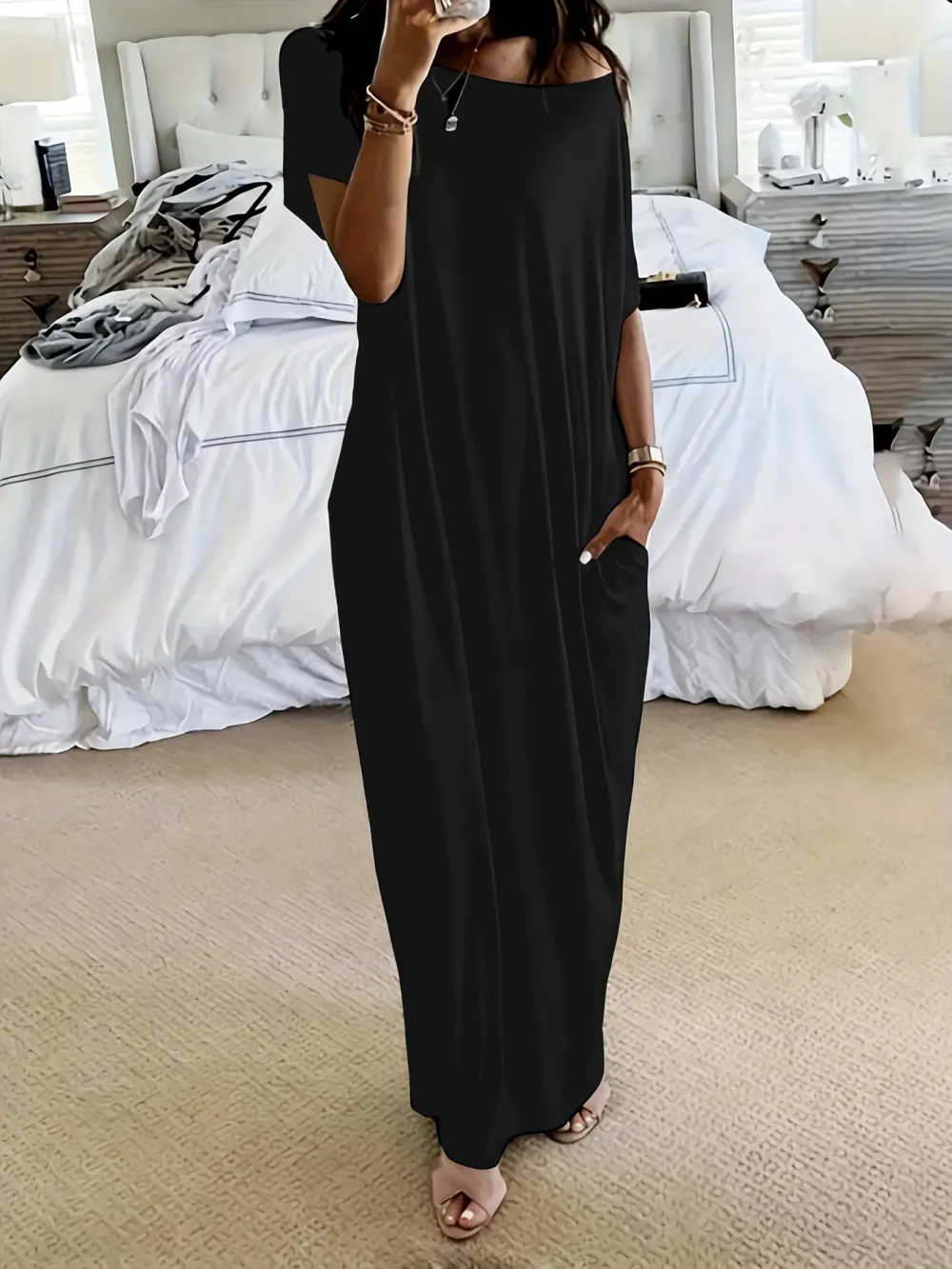 Women's Solid Color Batwing Sleeve Lounge Dress
