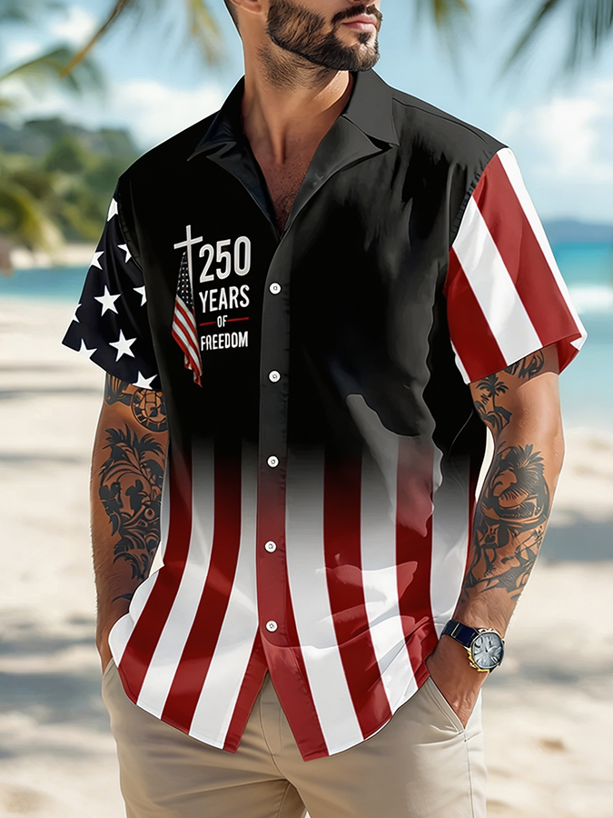 Men's 250 Years Of Freedom Christian Cross American Flag Shirt