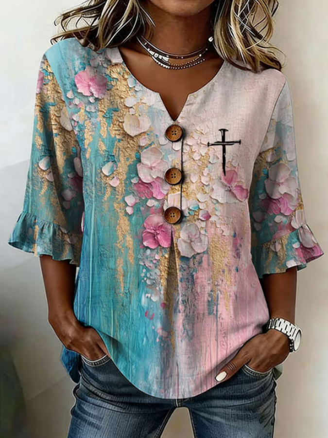 Women's Casual Retro Print Button-Up Shirt