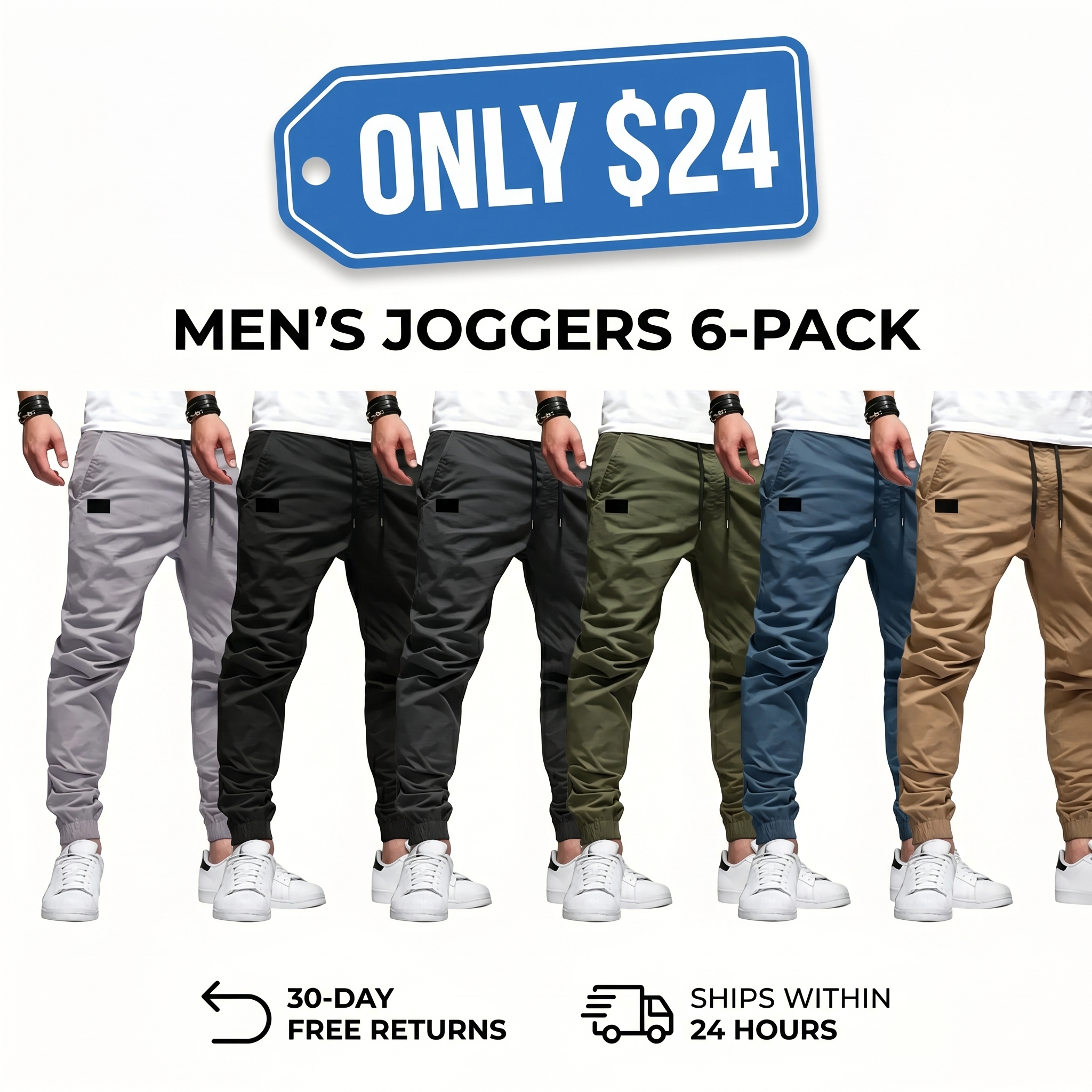Men's Casual Joggers — Elastic Waistband with Drawstring, Ribbed Cuffs, PU Leather Patch Detail