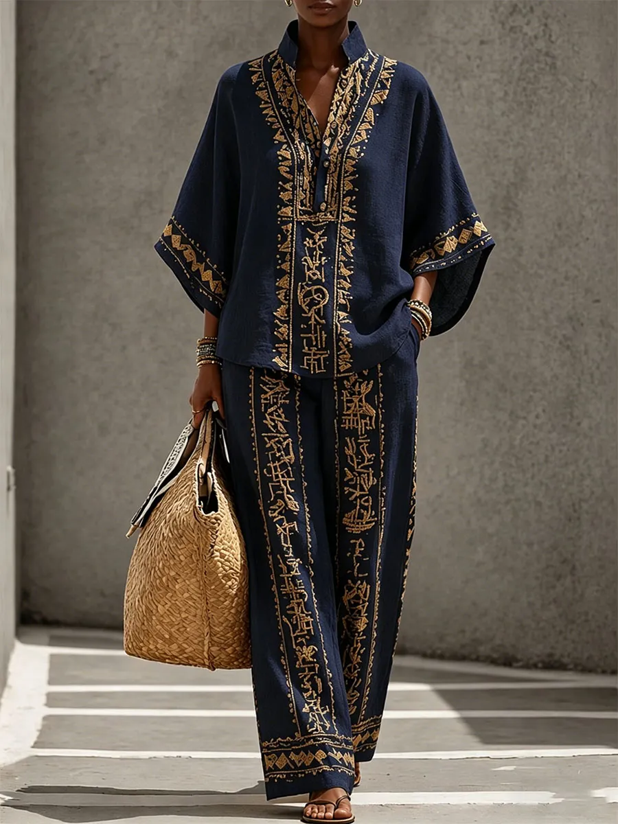 Women’s Golden Pattern Creative Print Two-Piece Set
