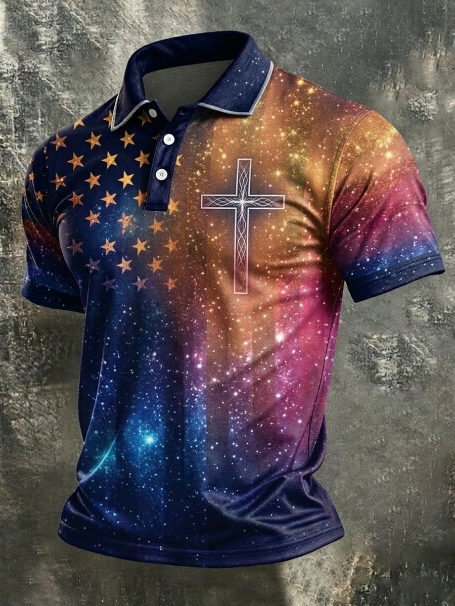 Men's Vintage American Flag Faith Art Short-Sleeve Polo Shirt