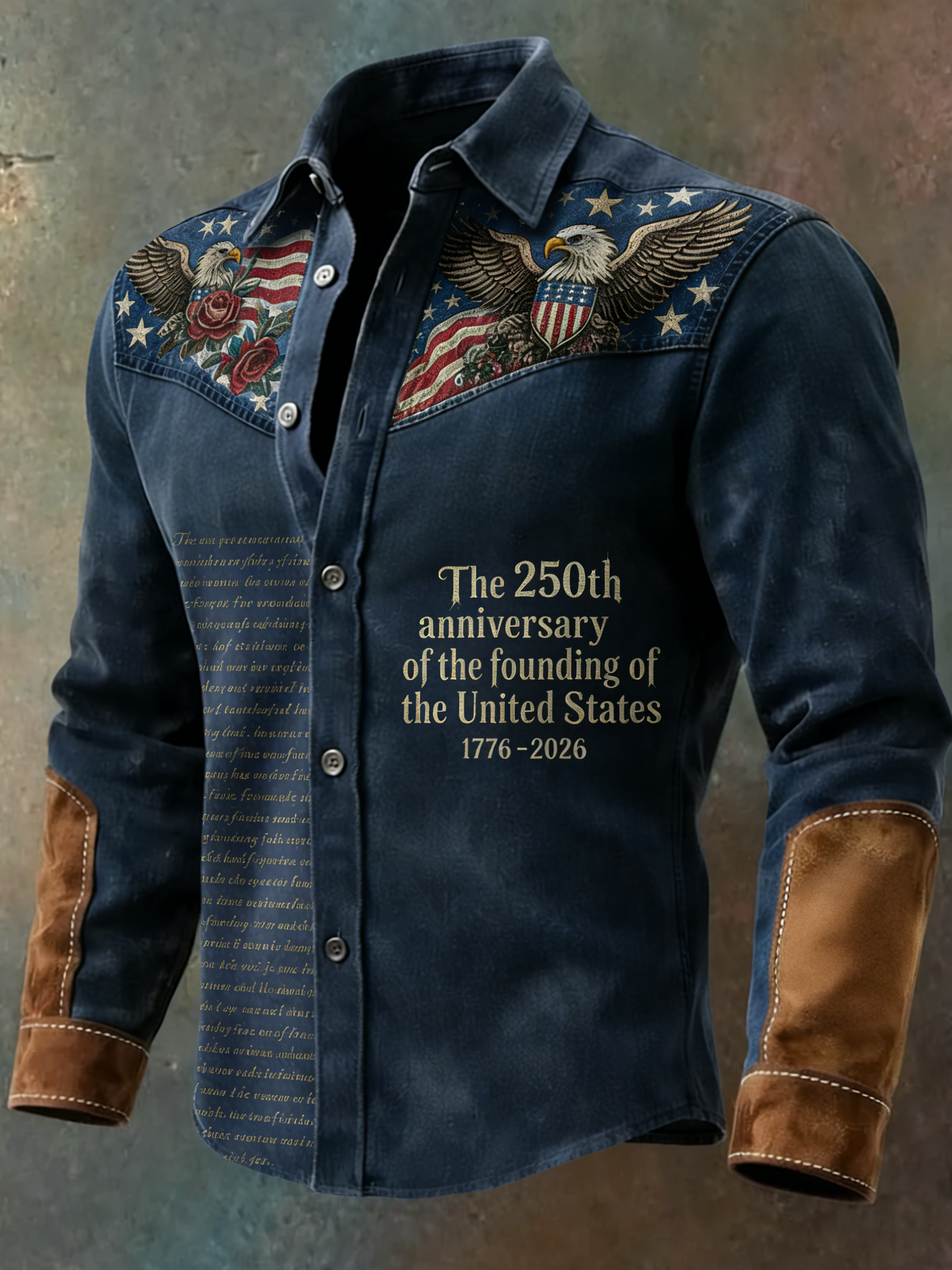 Men'S Retro 250Th Anniversary Founding Celebration Printed Splicing Long Sleeve Button Up Shirt