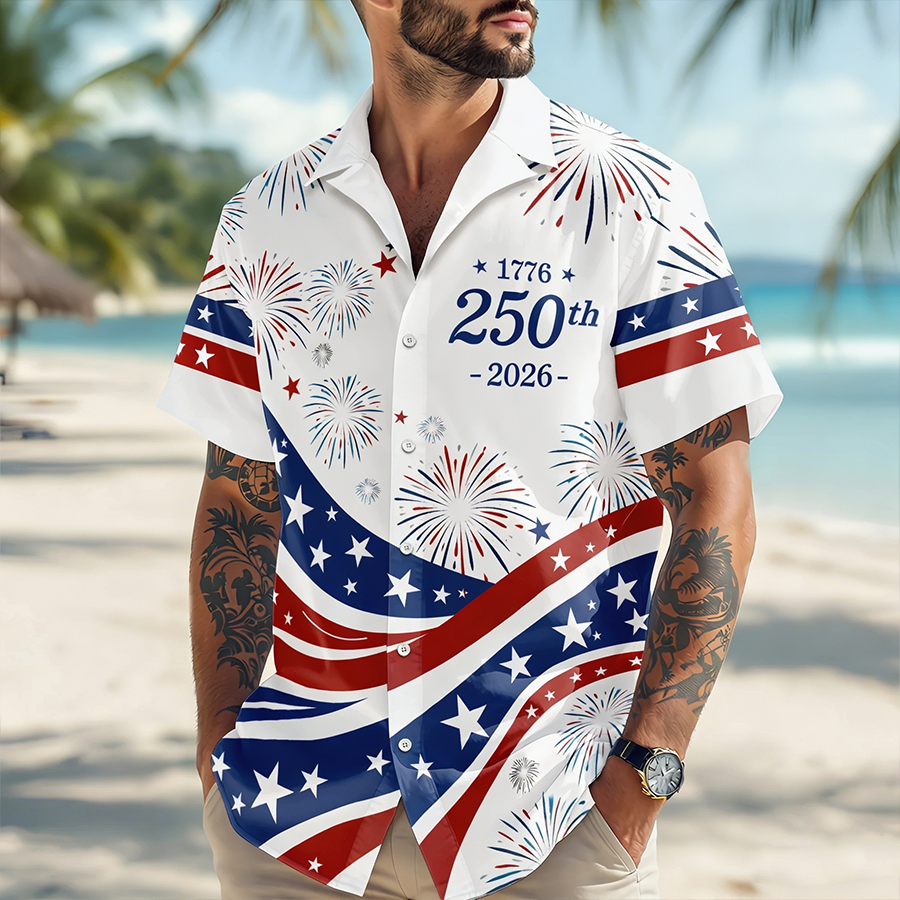 Men's 1776-2026 American Flag Firework USA Independence Day Beach Shirt