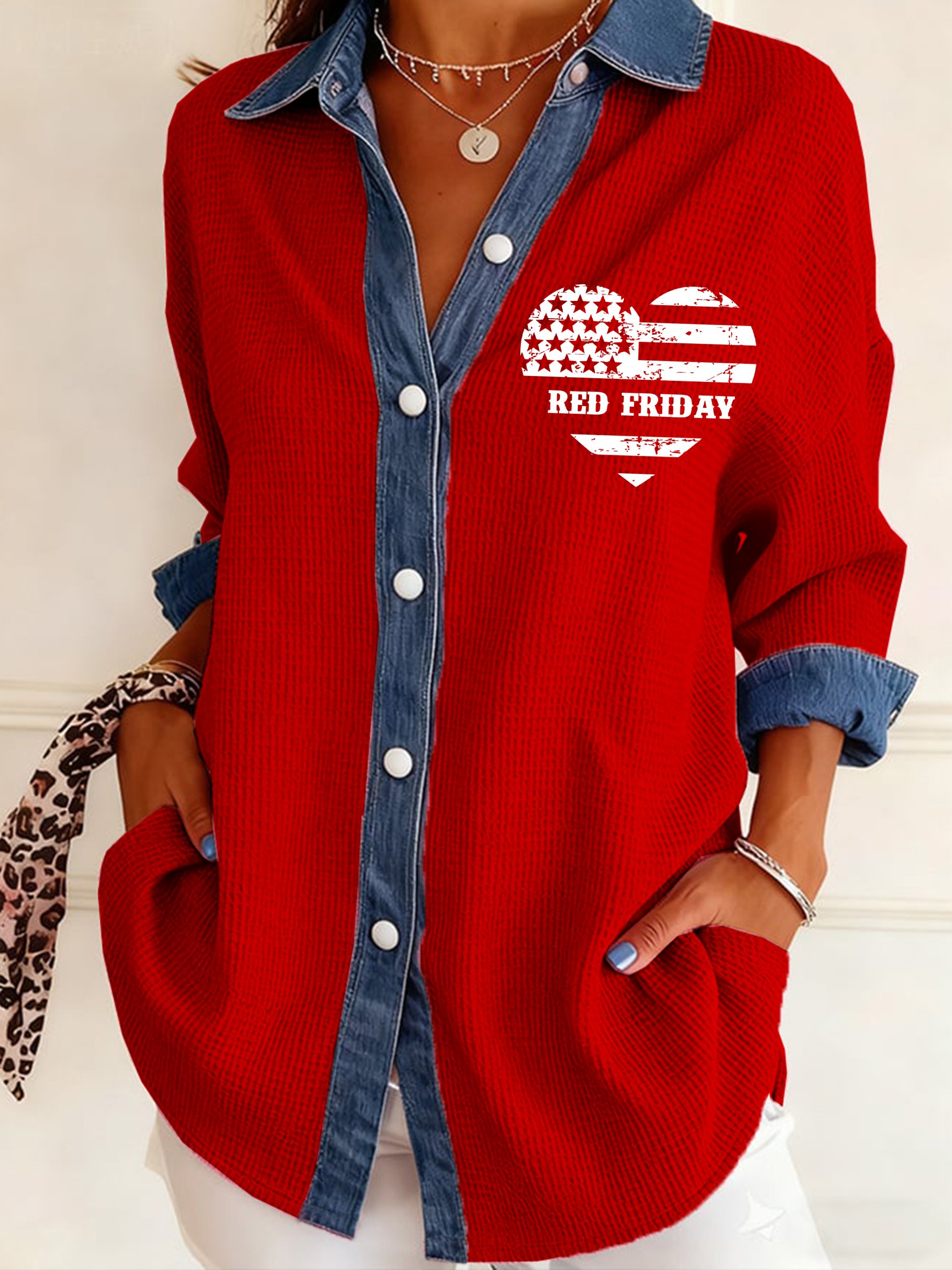 Women's Vintage Red Friday Patchwork Blouse