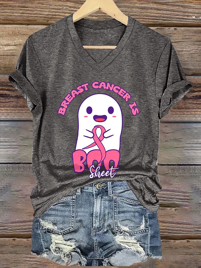 V-neck Retro Breast Cancer Awareness Breast Cancer Is Boo Sheet Halloween Ghost Print T-Shirt