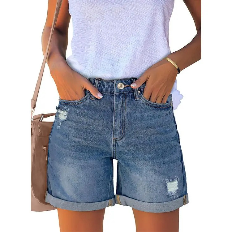 Women's Casual Distressed Denim Shorts – High-Waisted, Vintage-Wash, Cuffed Design