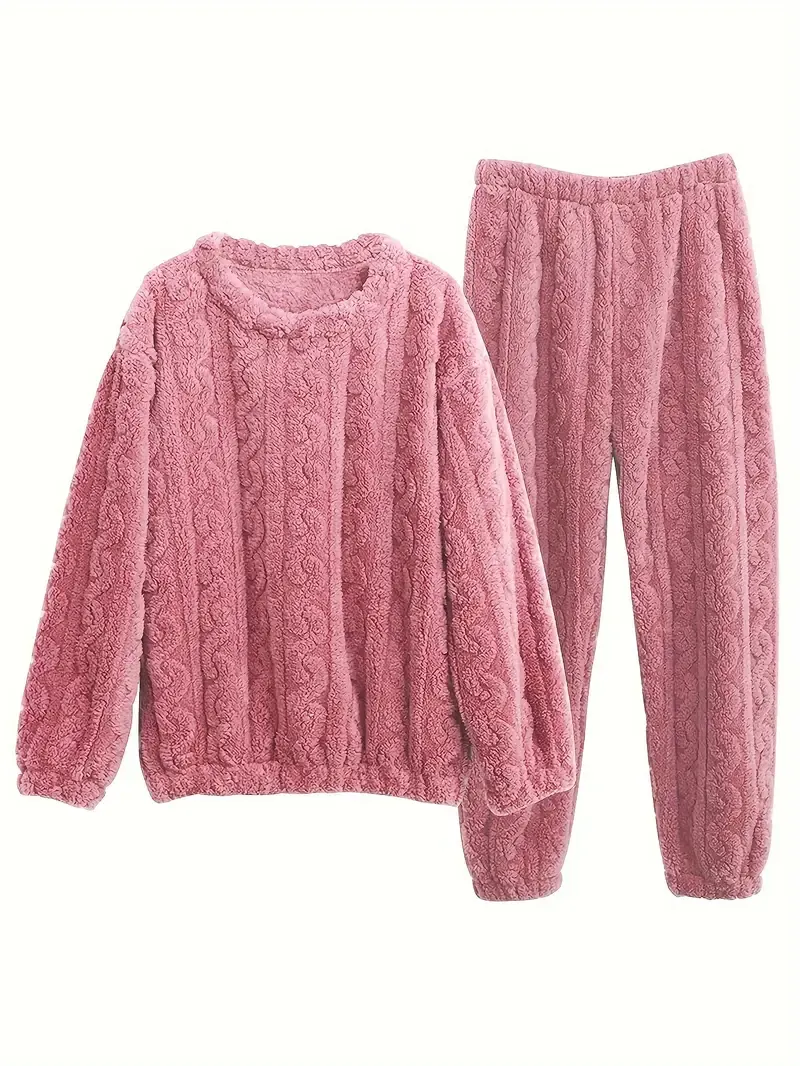 Women'S Cozy Plush Pajama Set - 100% Polyester Long Sleeve Crew Neck Loungewear with Solid Color Pullover Top and Long Pants for