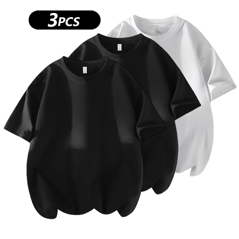 Men's 3PCS 100% cotton Crew Neck T-Shirts Set - Soft Loose Fit Navy Gray Black Tees for Casual Daily Wear