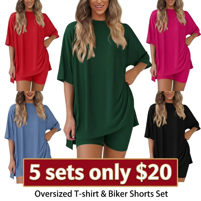Crewneck Two-Piece Set For Women Summer Casual Oversized Split Hem Shirts & Side Pocket Biker Shorts