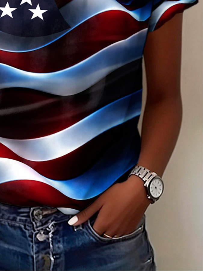 Women's retro national flag printed casual T-shirt