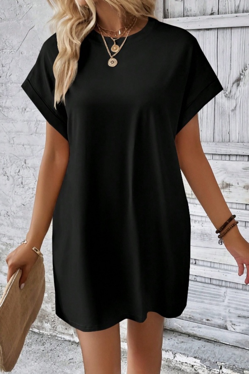 Casual Minimalist Round Neck Roll Up Sleeve Dress
