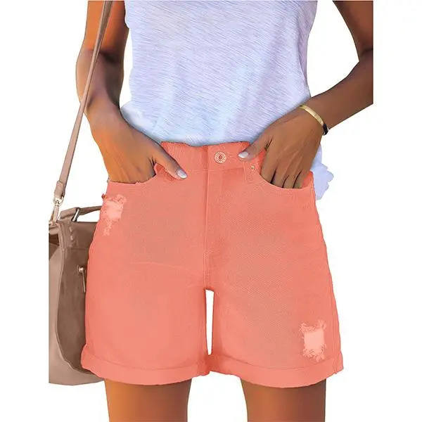 Women's Casual Distressed Denim Shorts – High-Waisted, Vintage-Wash, Cuffed Design