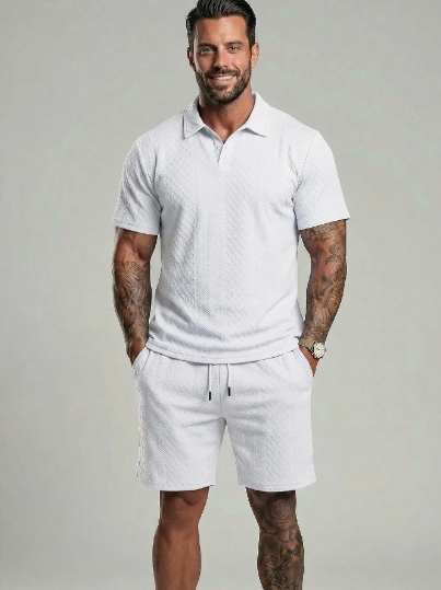 Men's Solid Polo Shirt & Drawstring Waist Shorts Set Cozy Breathable Two-piece