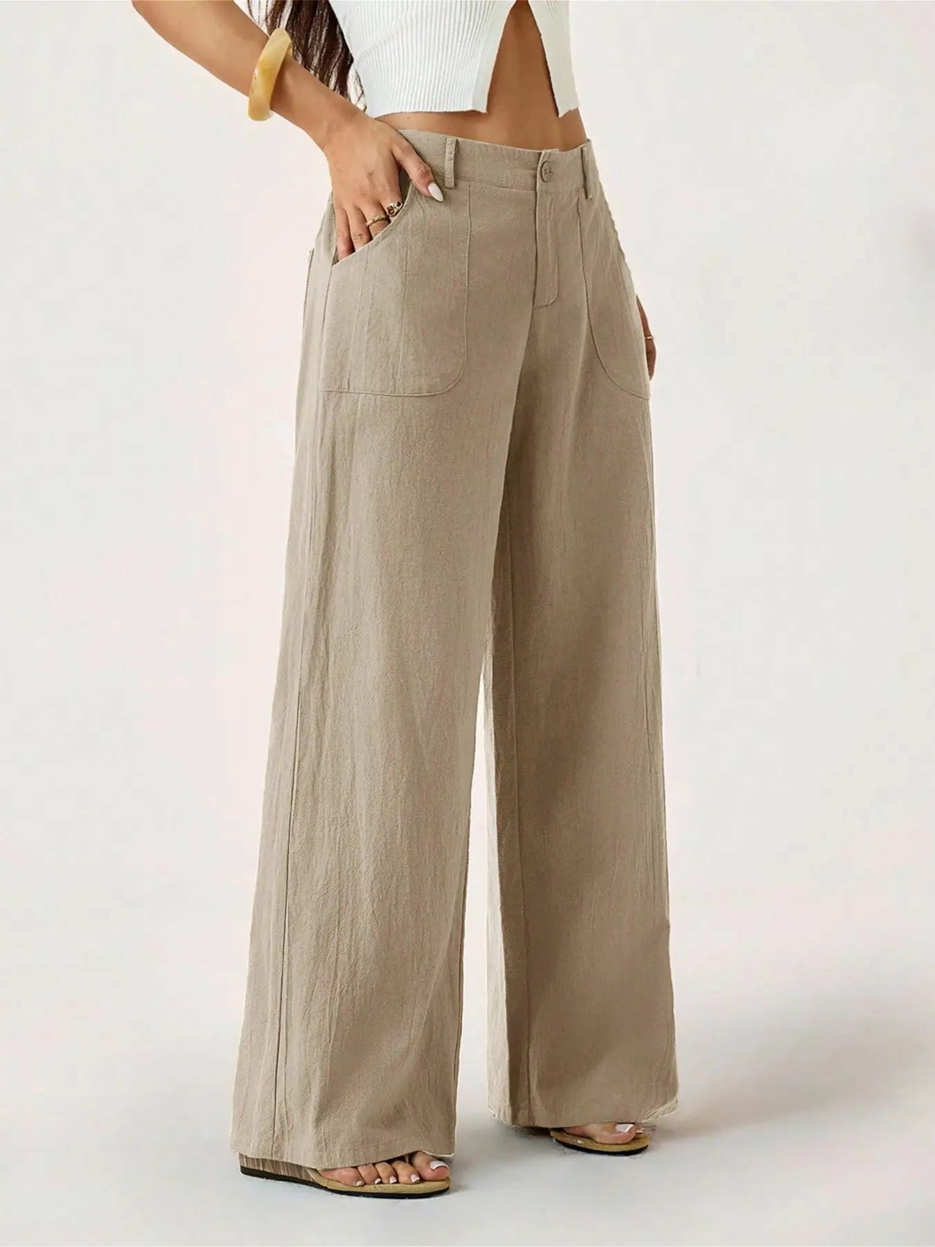 Women's Classical Linen Palazzo Pants Summer Flowy Wide Straight Leg Beach Trousers With Pocket
