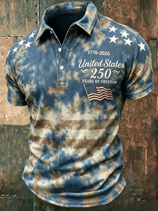 Men'S Casual American Flag Tie Dye Gradient Personalized Printed Short Sleeved Polo Shirt