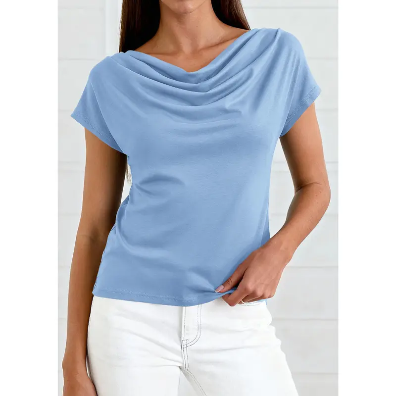 Women's Cowl-Neck Short-Sleeve Top — Elegant Casual Wear, Summer Shirt