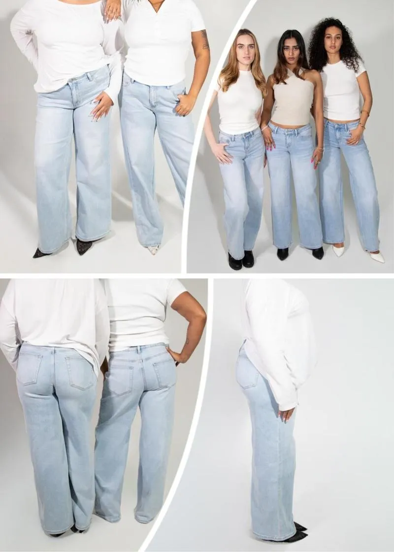 Mid-low Rise Baggy Jeans Stretchy Wide Leg for Women Distressed Pants