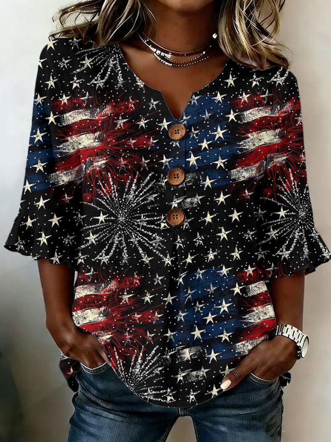 Women'S Independence Day Printed Cotton And Linen Top