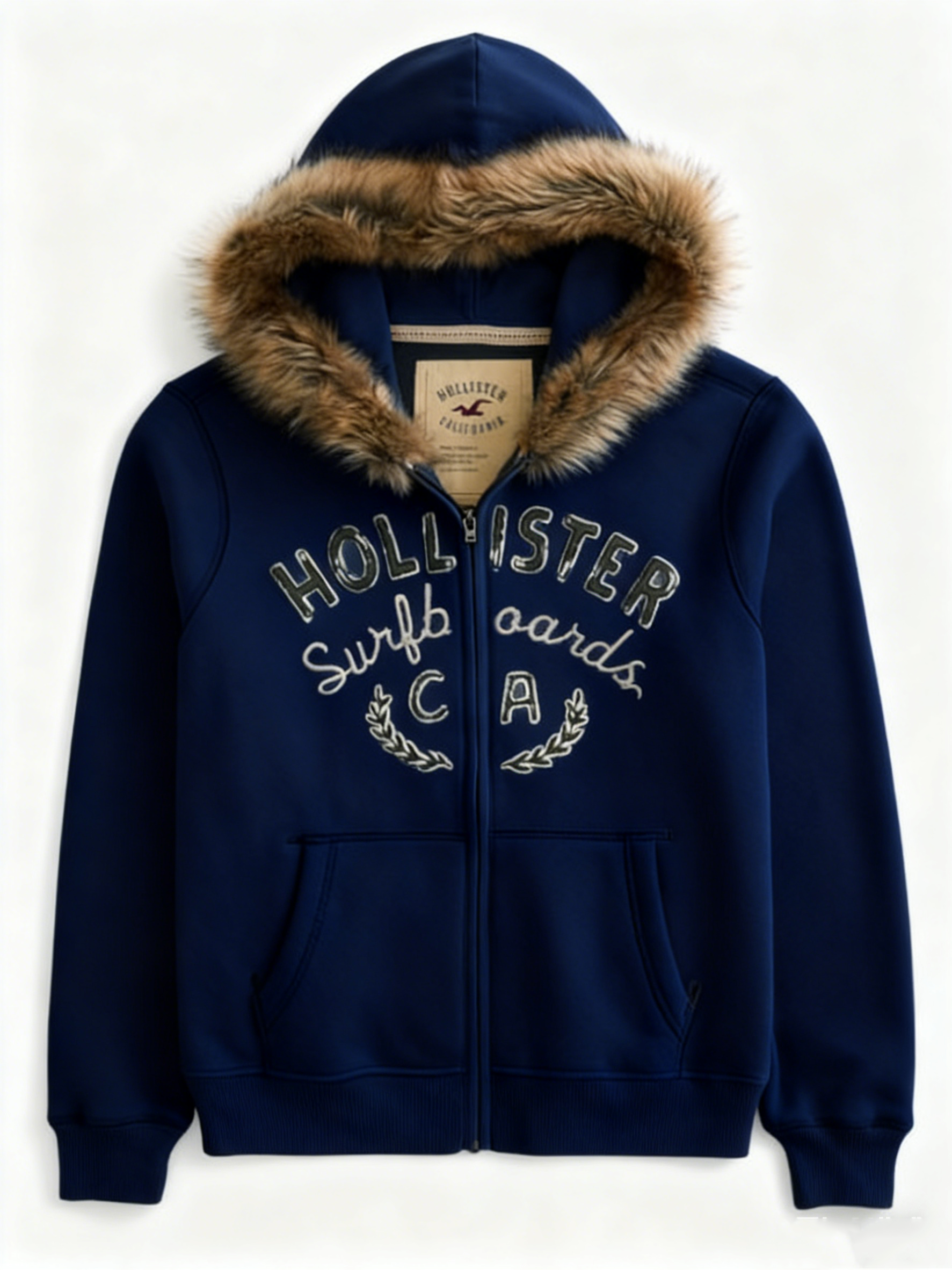 Faux Fur Trim Zip-Up Logo Graphic Hoodie