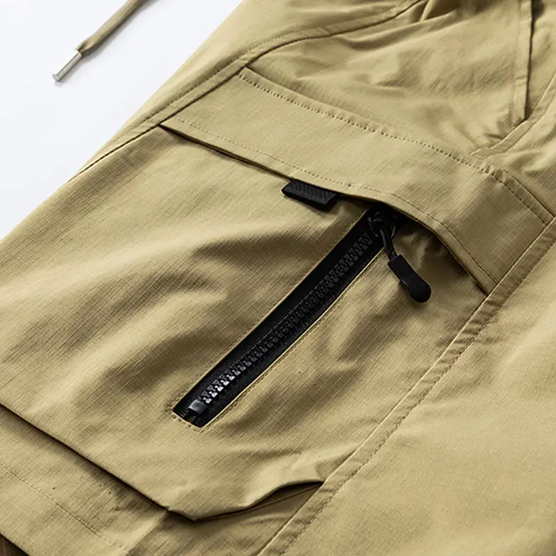 men’s casual cargo shorts with zippered pockets and a buttoned placket