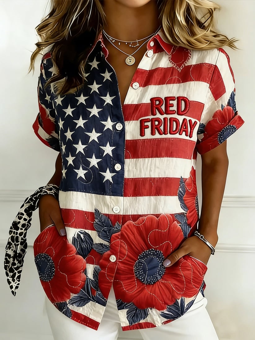 Women's Casual Red Friday Print Short-Sleeve Shirt