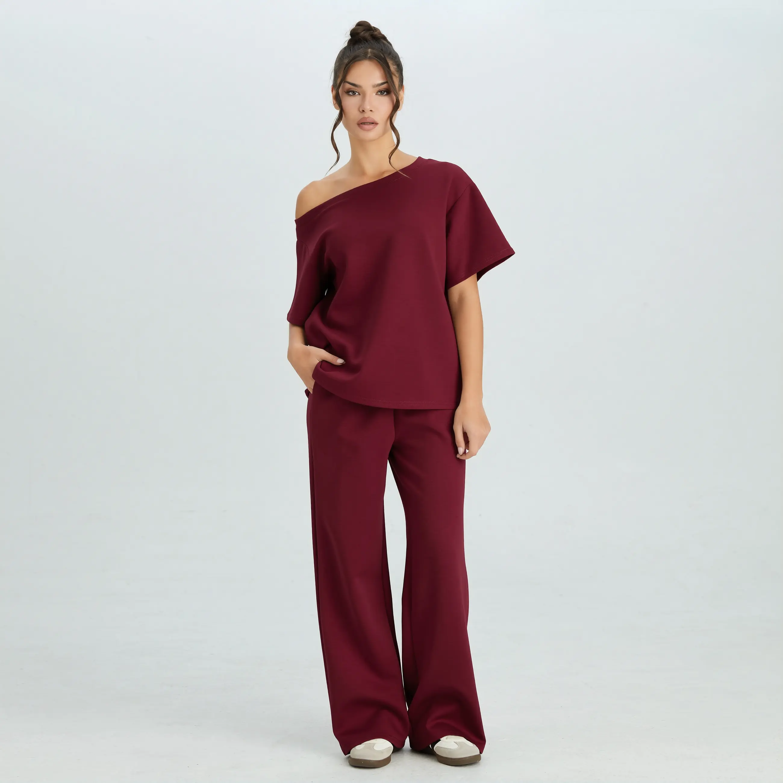 Women's Simple Style Solid Color Sloping Shoulder Short Sleeve Top & Drawstring Waist Wide Leg Trousers Co-ord Set